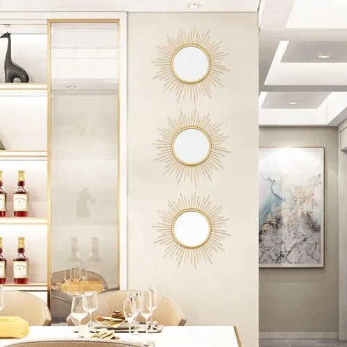 Miniatura 5 de Juego de 3 espejos metálicos para pared con diseño de rayos de sol para decoración del hogar, obra de arte para pared de sala de estar, dormitorio