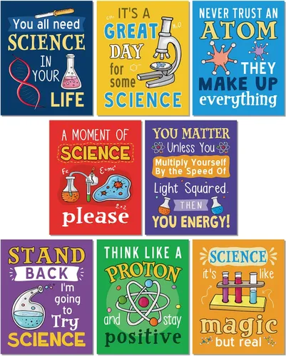 KAIRNE Pósters de ciencia para aula, juego de 8 pósteres de química positiva (8 x 10 pulgadas, sin marco) arte de pared experimental positivo para