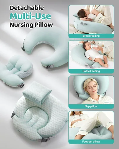 Miniatura 3 de Almohada de lactancia para lactancia materna, almohada de alimentación desmontable 3 en 1 con cojines de apoyo extraíbles, elevación suave para Verde