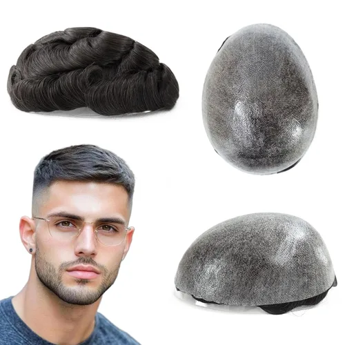HAIR NATURE Sistemas de reemplazo de cabello humano Toupee para hombre, 0.005 in, piel de polietileno inyectada, pelucas reales para hombres, color
