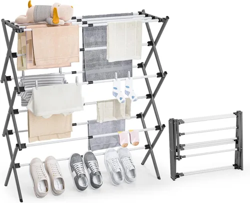 Miniatura 8 de APEXCHASER 3-Tier Foldable Clothes Drying Rack, Metal Expandable Laundry Rack, 45.28" Height, Adjustable Width 24.76-35.51", Space Saving, Indoor