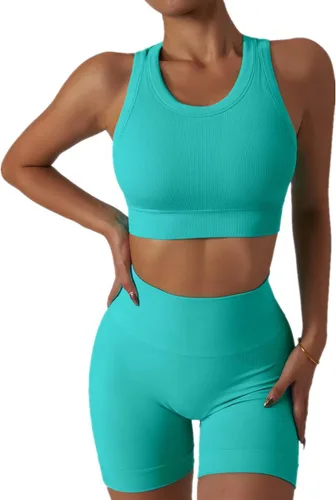 Miniatura 13 de Conjuntos de entrenamiento para mujer, 2 piezas, sin costuras, acanalada, sin mangas, brasier deportivo, cintura alta, pantalones cortos