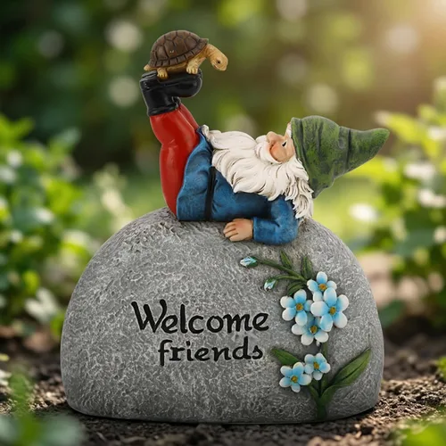Estatua de gnomo de jardín de 6.5 pulgadas con piedra de bienvenida y tortuga, resina pintada a mano, decoración para exteriores e interiores para