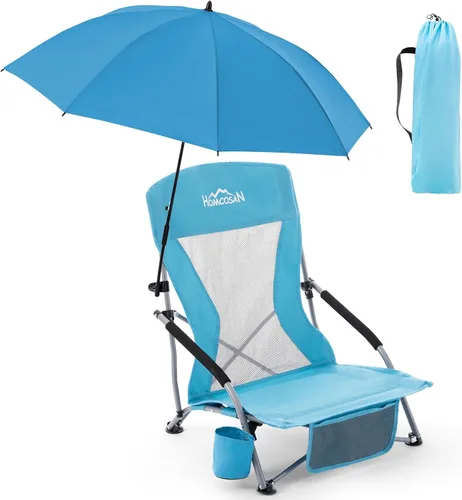 Miniatura 23 de Homcosan Silla de playa portátil baja plegable con paraguas desmontable, silla de campamento ligera para adultos con portavasos y bolsillo