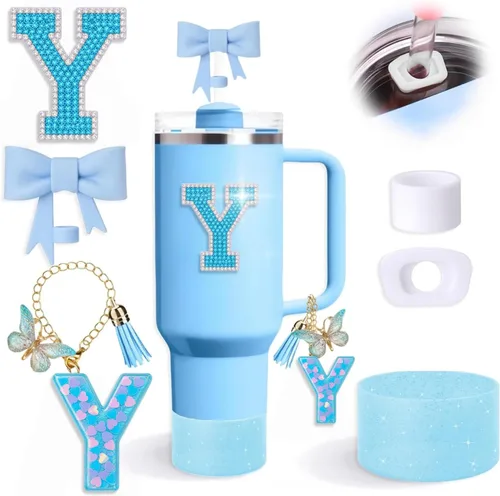 Miniatura 26 de Juego de 6 accesorios de copa Stanley color azul, adorno de pajilla con lazo para copa Stanley de 30 onzas, 40 onzas, incluye adorno de popote