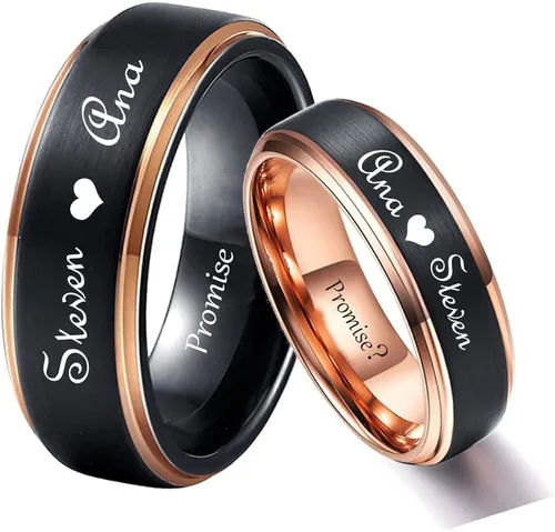 Juego de anillos de promesa personalizados a juego para parejas, anillos de compromiso de oro rosa negro para mujeres de 0.315in y hombres, anillo