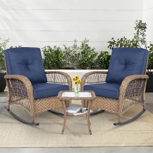 Miniatura 19 de MEETWARM Mecedora de mimbre para exteriores, sillas mecedoras de ratán para patio con cojines y respaldo alto, silla de mimbre para patio para todo