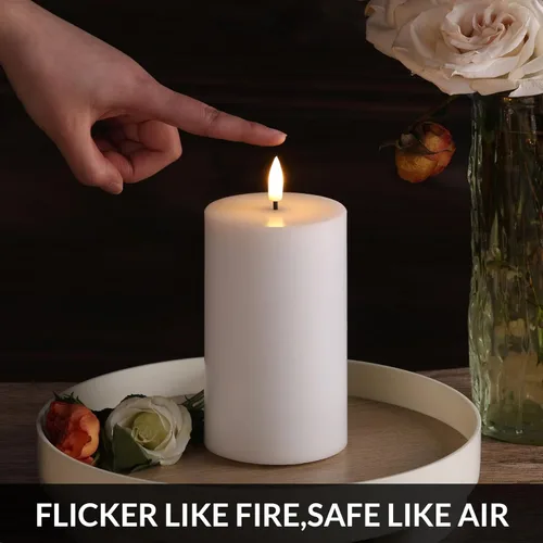 Miniatura 6 de Eywamage Velas de pilar sin llama de cera real blanca con control remoto, velas LED parpadeantes de batería, juego de 3 Blanco