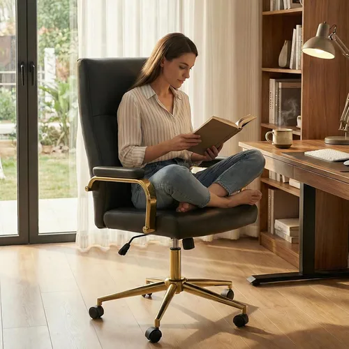 Miniatura 9 de Silla de escritorio de oficina negra y dorada, espuma viscoelástica, respaldo alto, silla de oficina ejecutiva de cuero con ruedas y brazos