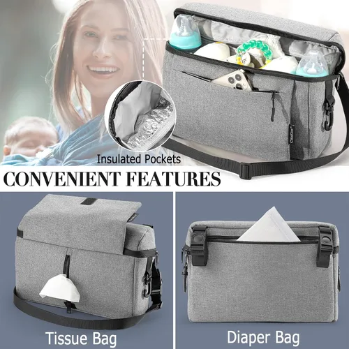 Miniatura 3 de Organizador universal para cochecito de bebé, espacio grande con portavasos aislado, bolsa de pañales desmontable, correa de hombro ajustable