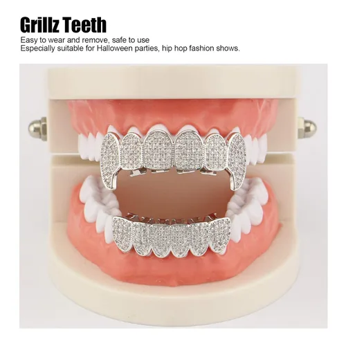 Miniatura 2 de Rejillas de dientes de cobre chapado en frío, oro plateado, dientes de diamante helados para hombres y mujeres rapero traje dientes joyería