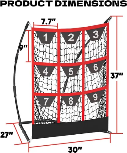 Miniatura 6 de Queension Red de lanzamiento objetivo de 9 agujeros con zona de golpeo Red de bateo de béisbol con bolsillos objetivo, red de lanzamiento con Negro
