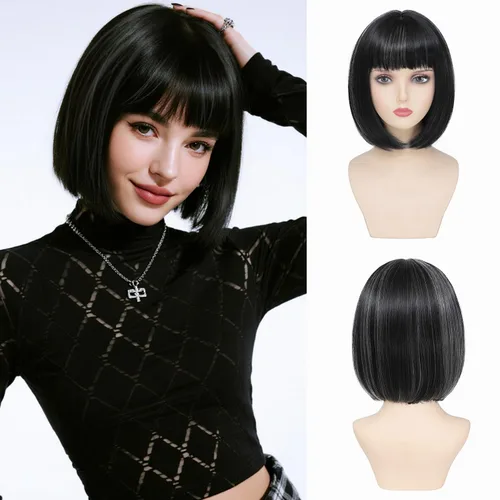 Miniatura 19 de Peluca Bob Marrón Ceniza con Flequillo, Peluca Corta y Lisa para Mujeres y Niñas, 12 Pulgadas, Resistente al Calor, Peluca de Cabello Bob Sintético
