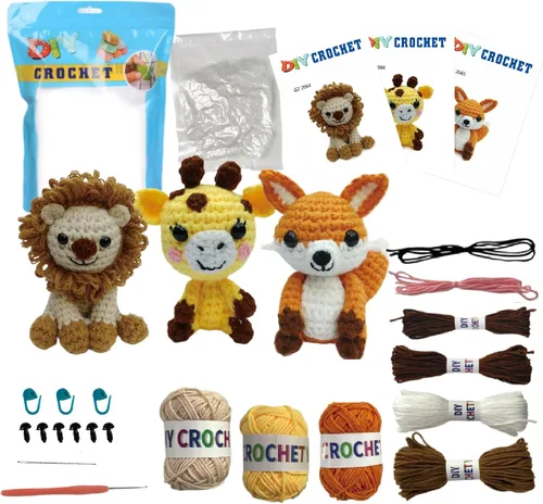 GZBZTZ Kit de ganchillo de animales salvajes 3 en 1: león, zorro y jirafa | Juego de safari amigurumi para principiantes con guía de video | Regalo