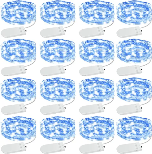 Olafus Paquete de 16 luces de hadas azules que funcionan con pilas, mini tira de luces estrelladas impermeables IP68, 7 pies, 20 luces LED de