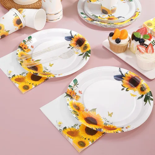 Miniatura 6 de Decoraciones de fiesta de girasoles: 168 platos de girasol y servilletas, suministros de fiesta, platos de papel amarillo con purpurina dorada