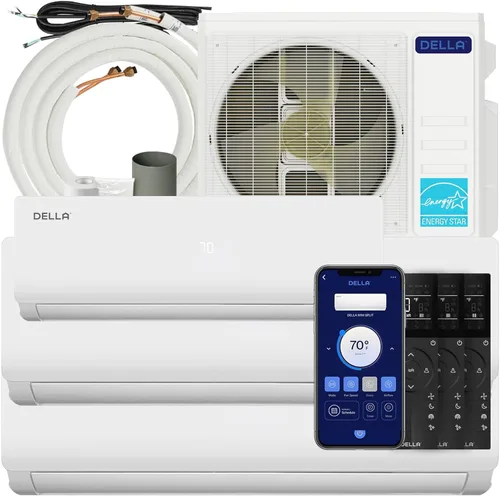 Miniatura 11 de DELLA 28K BTU ODU 3 zonas (3 x 9K BTU), 20 SEER2 208-230 V enfría hasta 1200 pies cuadrados, funciona con Alexa y Wifi, eficiencia energética, mini