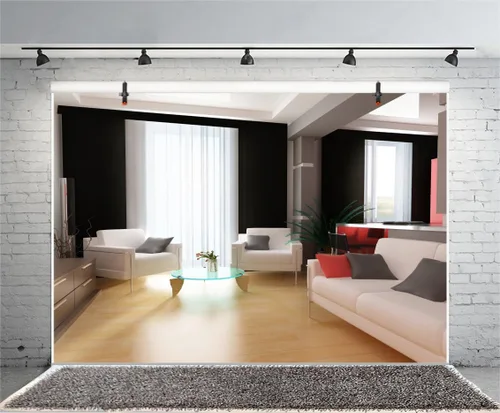 Leyiyi 5x3ft Fotografía Fondo Chic Sala Fondo Hotel Negocios Caffee Moderno Oficina Diseño Interior Sofás Piso de Madera Ventanas Francesas Cortina