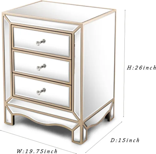 Miniatura 2 de Henf Elegante mesita de noche de espejo con borde dorado plateado con 3 cajones, mesa de acento de espejo con perilla de cristal, mesa auxiliar