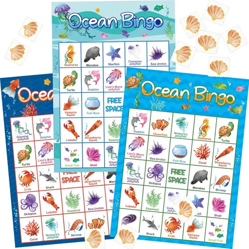 Fancy Land Juego de bingo oceánico para 24 jugadores para niños, suministros de juegos de fiesta bajo el mar