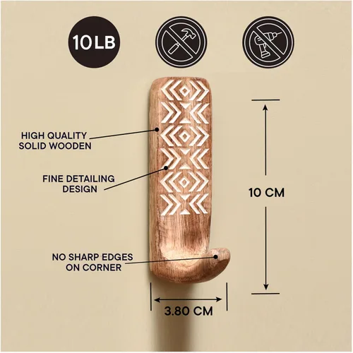 Miniatura 7 de Indian Shelf Ganchos de pared adhesivos de madera bohemios para colgar abrigos, llaves, correa, sombrero, toallero, bonito soporte para llaves