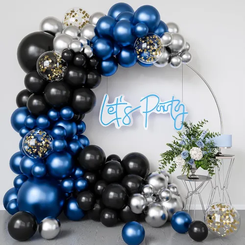 Kit de guirnalda de arco de globos de color azul metálico y negro, globo plateado metálico con lentejuelas doradas, 122 piezas para cumpleaños, Azul
