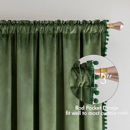 Miniatura 4 de MIULEE - Cortinas de terciopelo con pompón verde oliva para dormitorio/sala de estar, cortinas opacas de 84" de largo, con aislamiento térmico