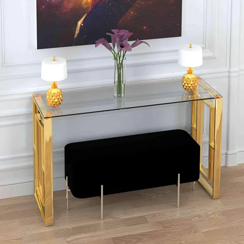 Miniatura 3 de Cortesi Home Laila Mesa consola de vidrio de acero inoxidable, 15.75 pulgadas de profundidad x 47 pulgadas de ancho x 30.5 pulgadas de alto, dorado