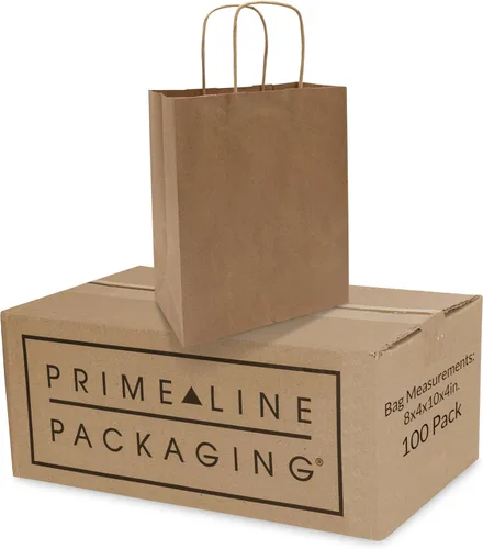 Prime Line Packaging Bolsas de papel marrón, bolsas de regalo Kraft con asas para pequeñas empresas, compras, tienda minorista, boutique, mercancía,