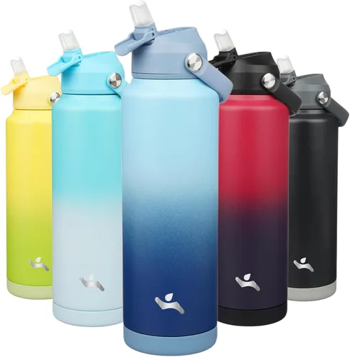 Miniatura 11 de Konokyo Botella de agua aislada con tapa de pajilla, botella de metal al vacío de acero inoxidable de 18 onzas con mango de silicona, color negro