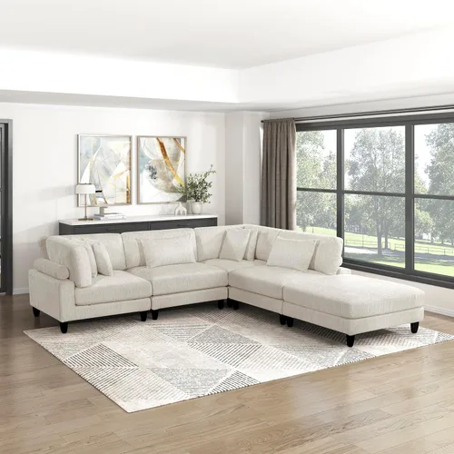 Miniatura 29 de Lexicon Sofá modular de 120 pulgadas, sofá modular de microfibra de gran tamaño de 4 plazas en forma de L, 6 almohadas decorativas y arreglo Beige