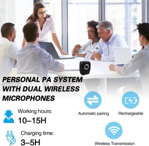 Miniatura 6 de Amplificador de voz con micrófonos profesionales duales, micrófono portátil inalámbrico de 25 W y sistema de altavoces, altavoz Bluetooth