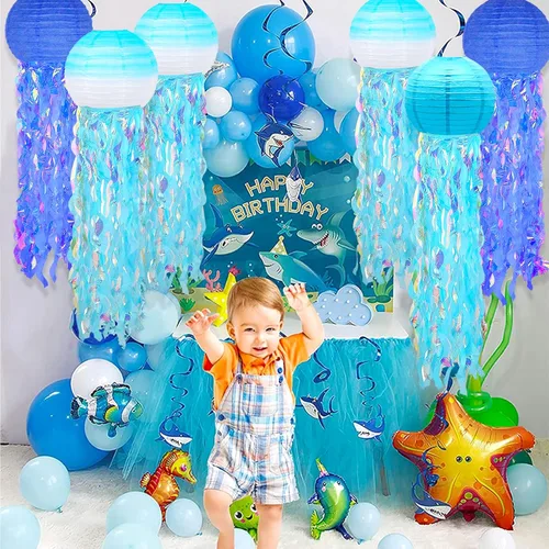 Miniatura 5 de 6 paquetes de linternas de papel de medusa con deseos de sirena colgantes, tema de cielo azul degradado y océano azul, suministros de fiesta