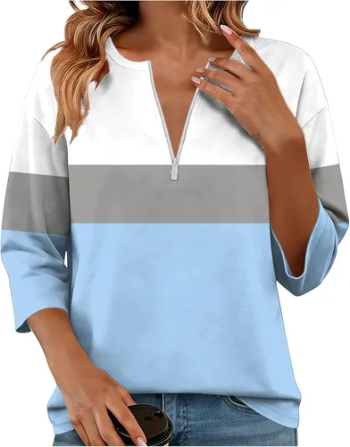 Miniatura 12 de Sudadera de manga larga con media cremallera para mujer, de gran tamaño, bloque de color, con cremallera de un cuarto, camisas de moda de primavera