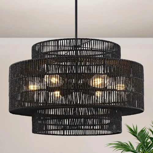 Miniatura 9 de 12.4” Candelabro de ratán boho, 1 luz, lámpara colgante tejida a mano, lámpara colgante rústica de estilo granja para isla de cocina, recámara
