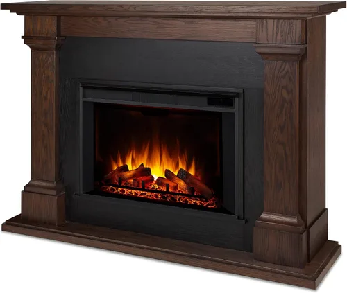 Real Flame Callaway Chimenea eléctrica Grand de 63" con repisa en roble castaño, chimenea eléctrica independiente de gran tamaño para interiores con