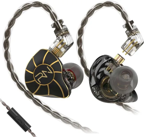 RevoNext Auriculares estéreo de alta fidelidad con cable con micrófono, unidad cuádruple profesional RH-215 para músicos, bateristas, cantantes Negro