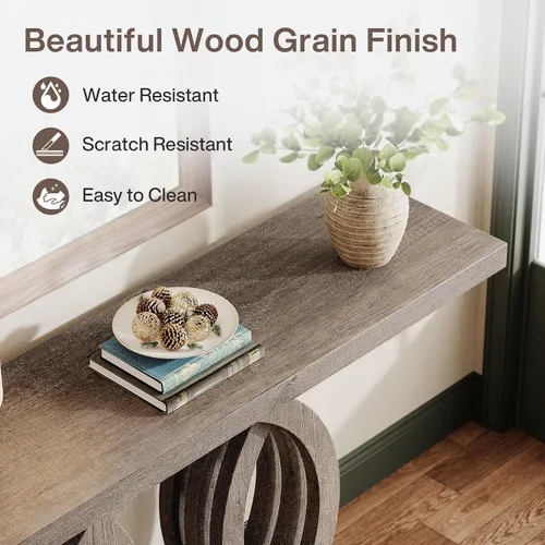 Miniatura 8 de Tribesigns Mesa consola de 55 pulgadas con base de madera geométrica, mesa de entrada moderna con mesa gruesa para sala de estar, pasillo, Marrón