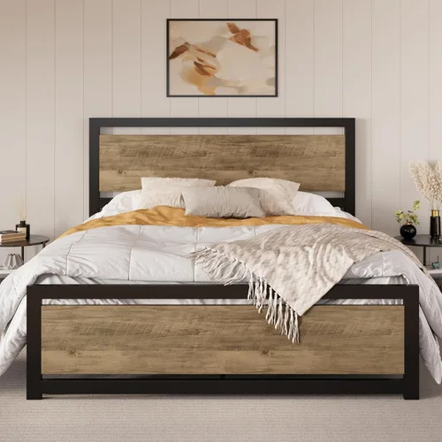 Miniatura 9 de SHA CERLIN Base de cama tamaño Queen con cabecera moderna, base de metal de plataforma resistente con estribo cuadrado y soporte de 13 listones Negro