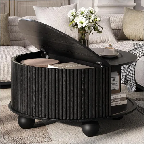 Miniatura 22 de SULIVES Mesa auxiliar ovalada con almacenamiento, mesa de centro multifuncional con tambor elevable, pequeña mesa central acanalada para sala
