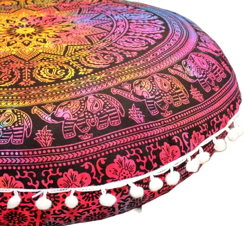 Miniatura 9 de Funda redonda para cojín de mandala, estilo hippie, bohemio y decorativo, para piso, cojín de asiento, funda otomana, puf, con pompones, boho, Flor