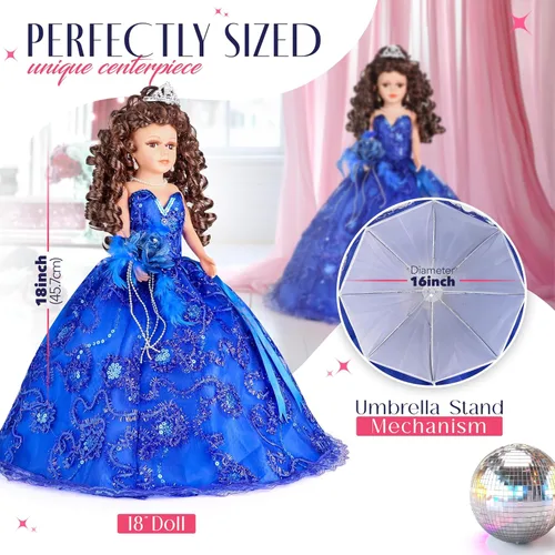 Miniatura 5 de Última muñeca de quinceañera de 18 pulgadas con soporte para vestido de paraguas – Última Muñeca Mis Quince Años Recuerdo, muñeca tradicional Rosa