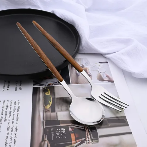 Miniatura 4 de Juego de cubiertos de acero inoxidable con mango de efecto de madera Cubiertos pulidos con espejo plateado, utensilios de cocina para el hogar