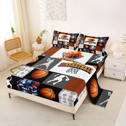 Miniatura 2 de Sábanas de baloncesto tamaño matrimonial con bolsillo profundo para niños, ropa de cama deportiva, juego de sábanas para atletas de baloncesto