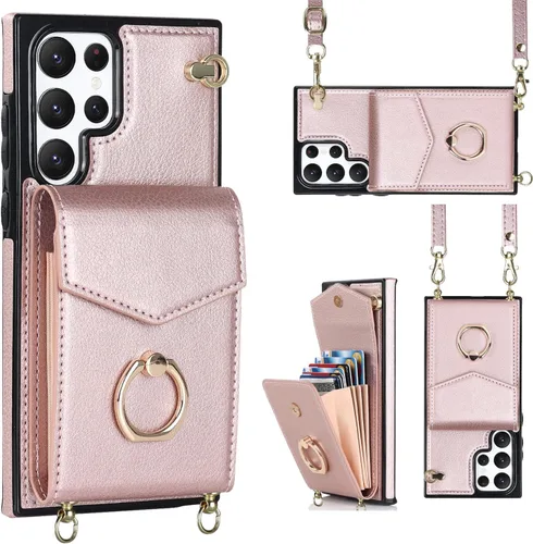 Funda para Samsung Galaxy S22 Ultra 5G de 6.8 pulgadas, funda minimalista tipo cartera con soporte de anillo y correa para el hombro, a prueba de