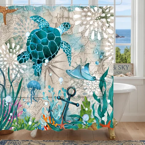 Miniatura 8 de Moutina Cortina de ducha náutica de tortuga marina, decoración de baño con temática oceánica, juego de cortina de ducha costera de playa, 72 x 72