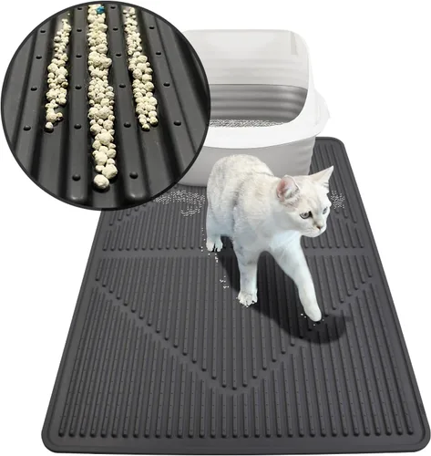 Miniatura 14 de Mofason Tapete de goma para arena para gatos, tapete para caja de arena para gatitos, tapete de silicona para atrapar arena, suministros y Negro
