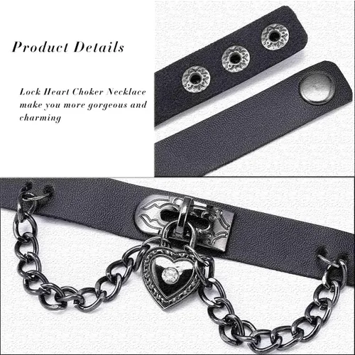 Miniatura 6 de Olbye Gargantilla de corazón con candado, collar corto de cuero negro, collar punk de poliuretano, collar de cosplay, cadena de eslabones gótico
