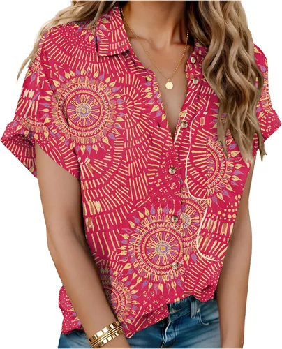 Miniatura 17 de HOTOUCH Camisas de Lino para Mujer con Botones Blusas de Manga Corta de Algodón Cuello en V con Cuello Tops de Gasa con Botones S-3XL