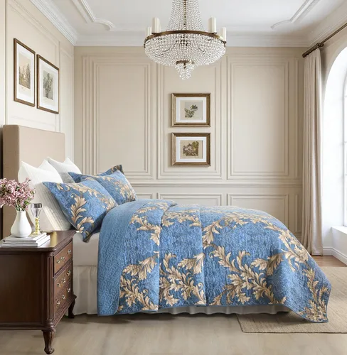 Miniatura 2 de Juego de edredón 100% algodón tamaño Queen de 3 piezas, edredón floral de damasco con 2 fundas, colcha acolchada floral vintage, ropa de cama ligera